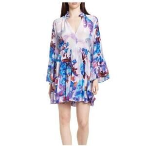 Shahida Parides Floral Print Silk Blouson Sleeve Dress Size XL
